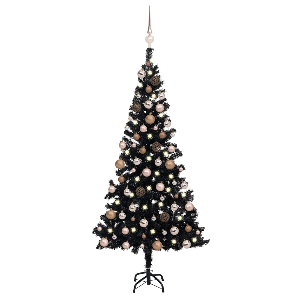 Künstlicher Weihnachtsbaum mit LEDs & Kugeln Schwarz 150 cm PVC