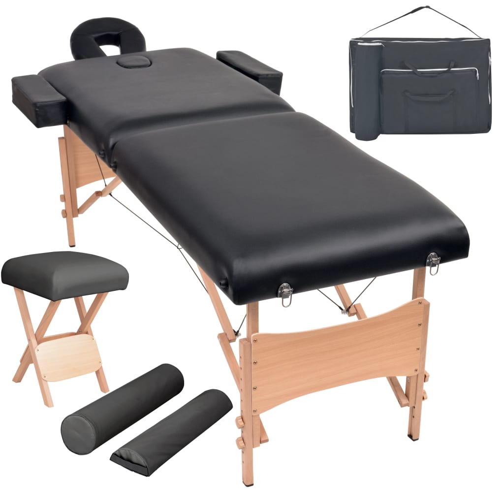 Massageliege 2-Zonen mit Hocker Klappbar 10 cm Sitz Schwarz
