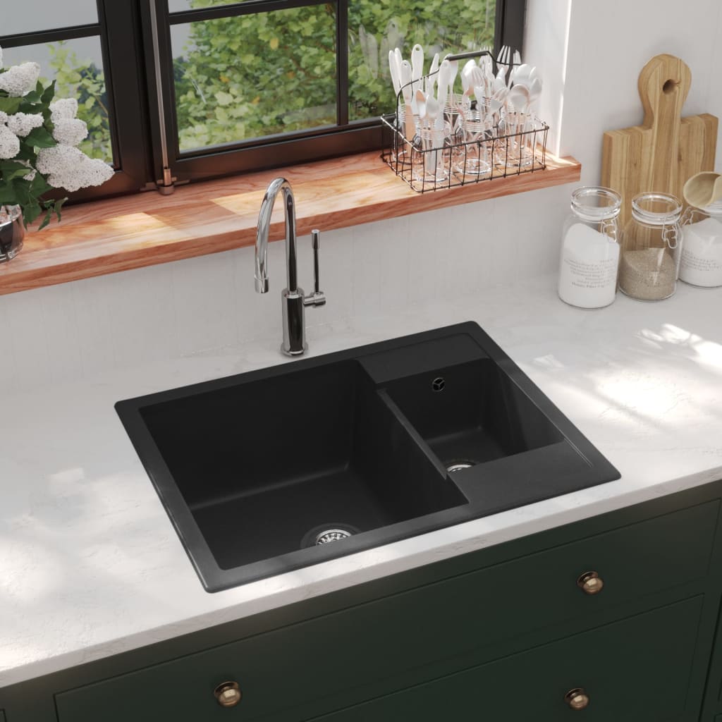 Küchenspüle mit Überlauf Doppelbecken Schwarz Granit